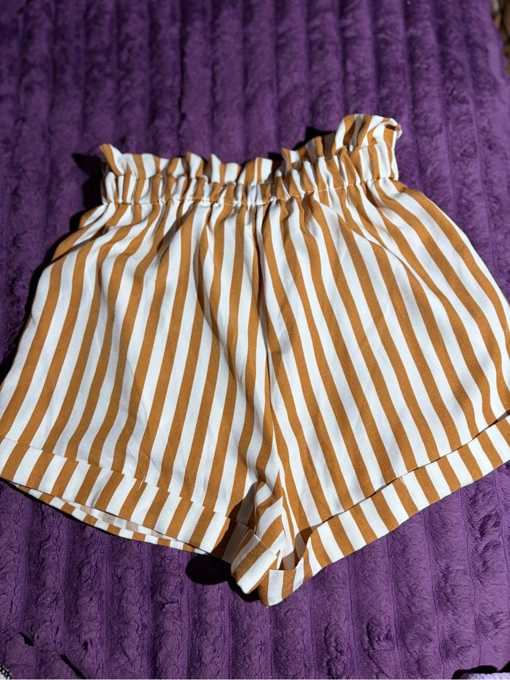 SHEIN White and Mustard Vertical Stripe High Waist Paperbag Shorts